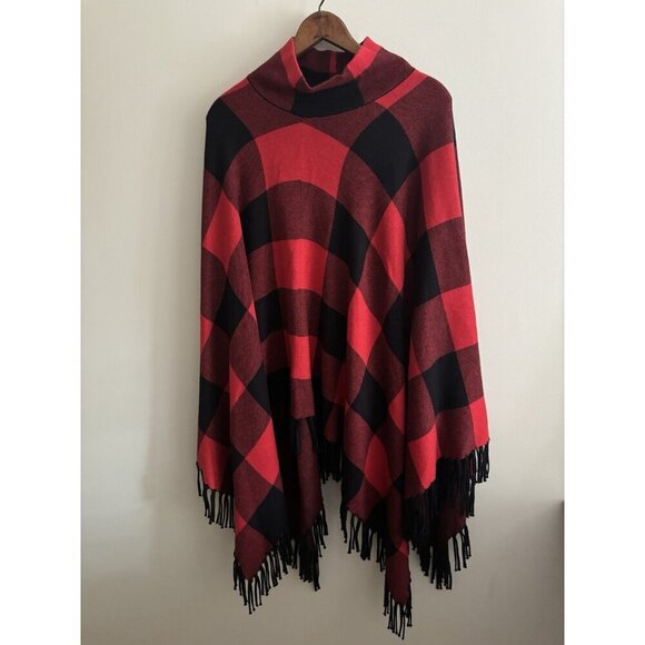J.McLaughlin Shawl Poncho Red Black Soft Sweater Fridge Mock Turtleneck One Size - Picture 1 of 6